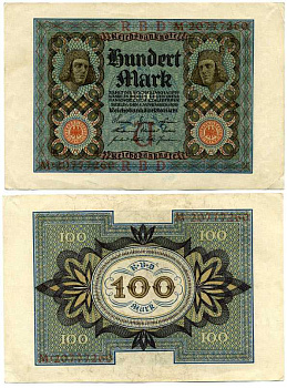 Германия 100 марок 1920 Бамбергский всадник, 8 цифр в номере, серия G, буква M Pick 69 b, Розенберг 67b бумага 7198-28-3-2