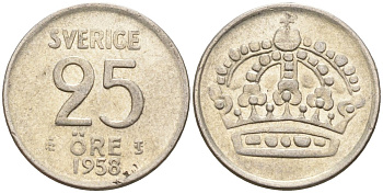 Швеция 25 эре 1958 TS, Густав VI Адольф (1950-1973) KM 824 серебро 4147-1063