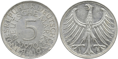 ФРГ 5 МАРОК 1970 G, KM 112.1, J. 387 серебро 1523-411