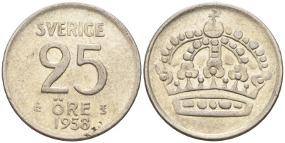 Швеция 25 эре 1958 TS, Густав VI Адольф (1950-1973) KM 824 серебро 4147-1063