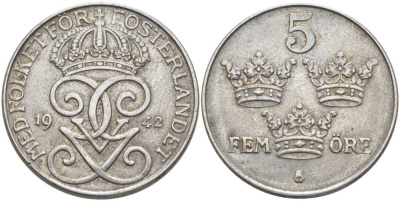 Швеция 5 эре 1942 Густав V (1907-1950) KM 812 железо 115-912