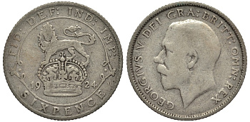 Великобритания 6 пенсов 1924 Георг V (1910-1936) KM 815a.1, Spink 4024 серебро 4539-146