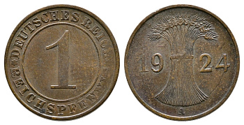 ГЕРМАНИЯ 1 РЕЙХСПФЕННИГ 1924 А KM 37, J.313 бронза 4380-1057