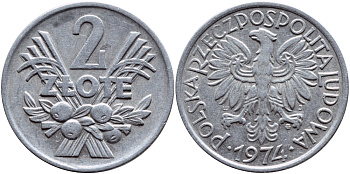 ПОЛЬША 2 ЗЛОТЫХ 1974 MW KM 46 алюминий 4390-517