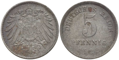 ГЕРМАНИЯ 5 ПФЕННИГОВ 1922 E KM 19, J. 297, Weege 5 железо 206-755