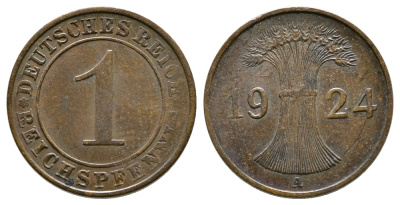 ГЕРМАНИЯ 1 РЕЙХСПФЕННИГ 1924 А KM 37, J.313 бронза 4380-1057