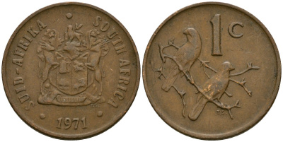 ЮАР 1 цент 1971 герб, капские воробьи KM 82 бронза 4136-455