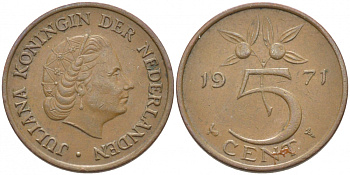 НИДЕРЛАНДЫ 5 ЦЕНТОВ 1971 ЮЛИАНА KM 181 бронза 3856-457