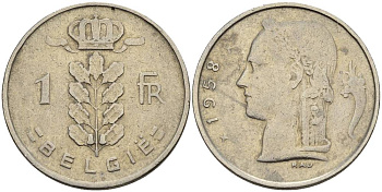 Бельгия 1 франк 1958 Belgie, Бодуэн I (1951-1993) KM 143.1 медно-никель 4546-346