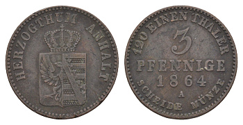 Ангальт-Бернбург 3 пфеннига 1864 A, Леопольд IV (1863-1871) KM 98, AKS 33, J. 68 медь 1525-1142