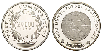 Турция 20000 лир 1990 Чемпионат мира по футболу 1990, Глобус KM 992 серебро PROOF 1083-1-12