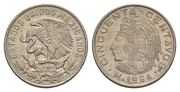 Мексика 50 сентаво 1964 Куаутемок, последний правитель империи ацтеков KM 451 медно-никель 4656-1155