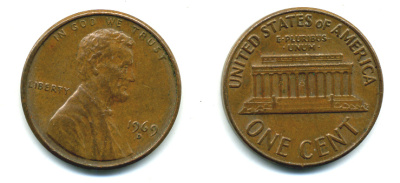 США 1 ЦЕНТ 1969 D, ЛИНКОЛЬН KM 201 медь цинк 4383-423