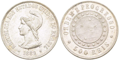 Бразилия 500 рейс 1889 Республика (1889-1942) KM 494 серебро 4529-625