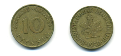 ФРГ 10 ПФЕННИГОВ 1950 G KM 108, J.383 сталь плакированная латунью 80-315