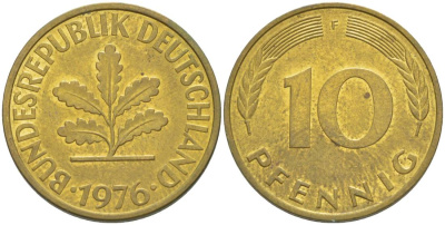 ФРГ 10 ПФЕННИГОВ 1976 F KM 108, J. 383 сталь плакированная латунью 219-511