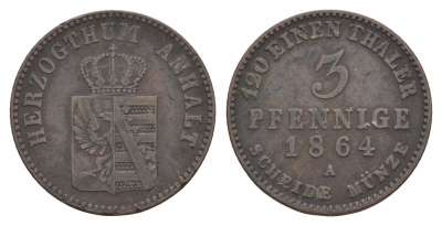 Ангальт-Бернбург 3 пфеннига 1864 A, Леопольд IV (1863-1871) KM 98, AKS 33, J. 68 медь 1525-1142