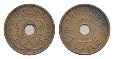 Дания 1 эре 1937 N, Кристиан X (1912-1947) KM 826 бронза 4658-156