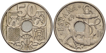 Испания 50 сентимо 1949 (56) Франко (1939-1975), морская атрибутика KM 777 медно-никель 216-526