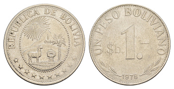 Боливия 1 песо 1978 KM 192 сталь плакированная никелем 4646-657