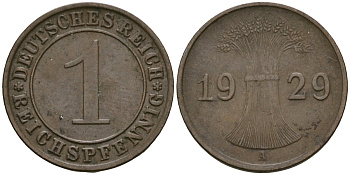 Германия 1 рейхспфенниг 1929 A KM 37, J. 313 бронза 4189-1126