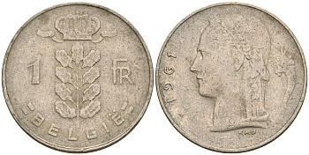 Бельгия 1 франк 1961 BELGIE KM 143.1 медно-никель 25-1257