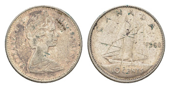 Канада 10 центов 1968 Елизавета II (1952-2022), парусник KM 72 серебро 4623-964