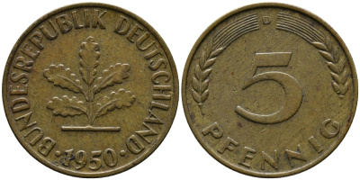ФРГ 5 ПФЕННИГОВ 1950 D KM 108, J.383 сталь плакированная латунью 33-211
