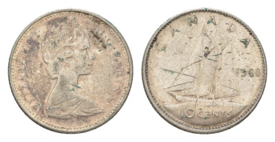 Канада 10 центов 1968 Елизавета II (1952-2022), парусник KM 72 серебро 4623-964