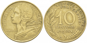 ФРАНЦИЯ 10 САНТИМОВ 1964 ТИП MARIANNE KM 929 медь алюминий никель 4516-837