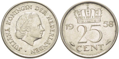 НИДЕРЛАНДЫ 25 ЦЕНТОВ 1958 ЮЛИАНА KM 183 никель 66-834