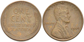 США 1 цент 1944 Линкольн KM А132 медь цинк 218-163