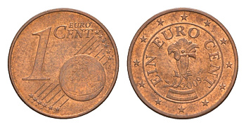 Австрия 1 евроцент 2009 KM 3082 сталь плакированная медью aUNC 4630-443