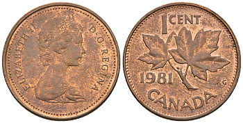 Канада 1 цент 1981 Елизавета II (1952-2022), кленовый лист KM 127 бронза 4609-158