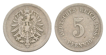 Германия 5 пфеннигов 1888 A KM 3, J. 3, Weege 5 медно-никель 4639-1253