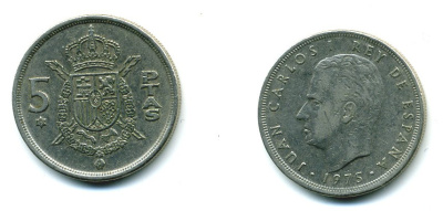 Испания 5 песет 1975 (78) Хуан Карлос I (1975-2014) KM 807 медно-никель 25-2033