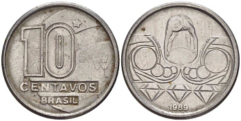 Бразилия 10 сентаво 1989 золотодобыча KM 613 нержавеющая сталь 116-532