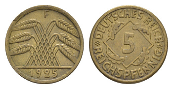 Германия 5 рейхспфеннигов 1925 F KM 39, J. 316 алюминиевая бронза 4644-1137