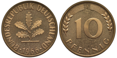 ФРГ 10 пфеннигов 1966 J J 383, KM 108 сталь плакированная латунью  PROOF  1099-4-14