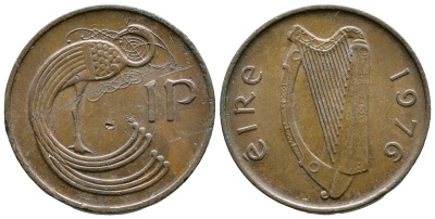 ИРЛАНДИЯ 1 ПЕННИ 1976 ПТИЧКА KM 20 бронза 89-334