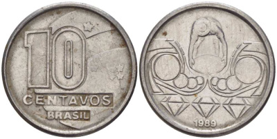 Бразилия 10 сентаво 1989 золотодобыча KM 613 нержавеющая сталь 116-532