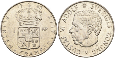 Швеция 1 крона 1965 U, Густав VI Адольф (1950-1973) KM 826 серебро 4150-153