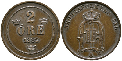 Швеция 2 эре 1882 Оскар II (1872-1907) король Швеции и Норвегии KM 746 бронза 63-1151