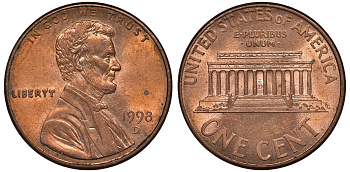 США 1 цент 1998 D, Линкольн KM 201b цинк плакированный медью 4122-232