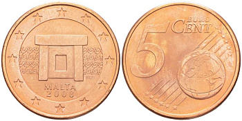 Мальта 5 евроцентов 2008 KM 127 сталь плакированная медью  UNC 4606-714