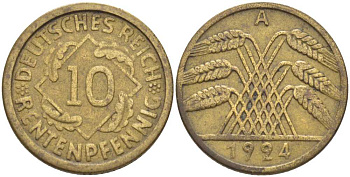 ГЕРМАНИЯ 10 РЕНТЕНПФЕННИГОВ 1924 A KM 33, J.309, Weege 8 алюминиевая бронза 202-246