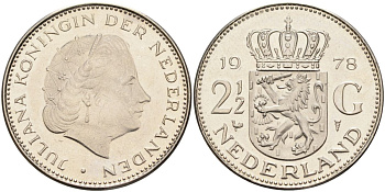 Нидерланды 2 1/2 гульдена 1978 Юлиана (1948-1980) KM 191 никель 4593-635
