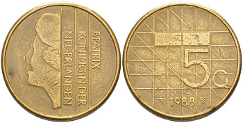 Нидерланды 5 гульденов 1988 Беатрикс (1980-2013) KM 210 никель плакированный бронзой 217-843