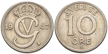 Швеция 10 эре 1947 TS, Густав V (1907-1950) KM 795 никель бронза 116-1167
