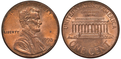 США 1 цент 1998 D, Линкольн KM 201b цинк плакированный медью 4122-232